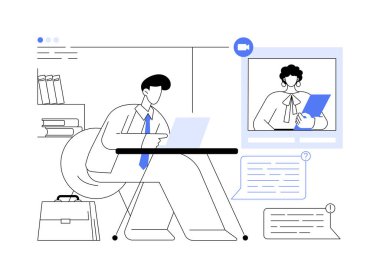 İş danışmanı soyut konsept vektör çizimi. İşadamı bilgisayarla, uzaktan haberleşmeyle, finansal danışmanla, reklam ajansı soyut metaforuyla çevrimiçi olarak konuşuyor..