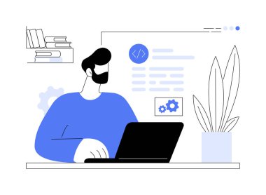 Yazılım geliştiricisi soyut konsept vektör çizimi. Evden dizüstü bilgisayarla çalışan gülen yazılım geliştiricisi, bilişim sektörü, uzak iş, serbest çalışan dijital göçebe soyut metafor.