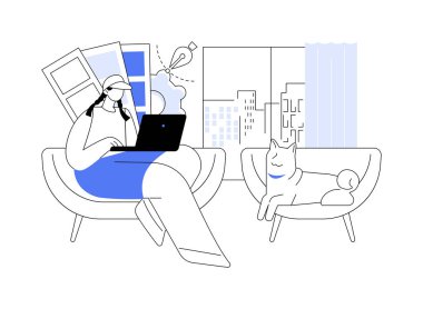 Grafik tasarımcı soyut konsept vektör çizimi. Köpeği evde çalışan bir kadın, grafik tasarımcısı, uzak bir iş, bilişim işi profesyoneli, serbest çalışan dijital göçebe soyut metaforu.