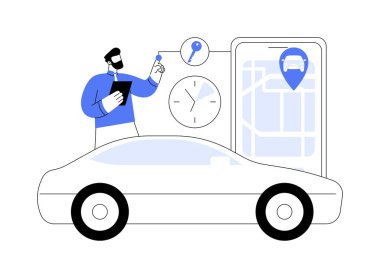 Araba paylaşımı hizmeti soyut konsept vektör çizimi. Kiralama hizmeti, kısa vadeli kira, araba paylaşım başvurusu, sürüş başvurusu, yaşıtları için araba kiralama, saatlik ödeme soyut metafor.
