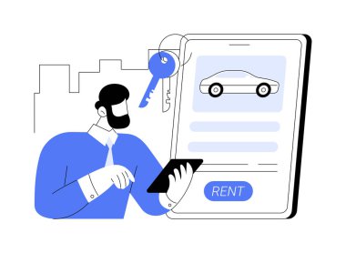 Kiralık araba servisi soyut konsept vektör çizimi. Çevrimiçi araba rezervasyonu, bedava seyahat, tam sigorta, yaz tatili, uzak rezervasyon, yerel satıcı, anahtar kilidi, soyut metafor.