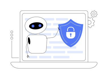 Endüstriyel siber güvenlik soyut konsept vektör çizimi. Endüstriyel veri koruması, şirket siber güvenliği, robotik zararlı yazılım savunması, güvenlik bilgileri ve makineler soyut metafor.