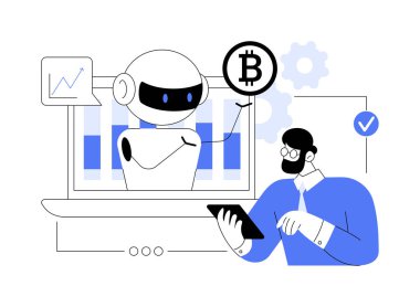 Kripto, robot soyut konsept vektör çizimi ticareti yapıyor. Otomatik yapay zeka ticareti, en iyi bitcoin ticaret robotu kripto para piyasası verilerini analiz eder, finansal değişim, kazanç soyut metaforu.