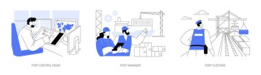 Deniz port kontrol noktası soyut konsept vektör çizimi seti. Liman kontrol odası, operasyon amiri, gümrük memuru, mal taşımacılığı, ihracat ve ithalat işi soyut metaforu.