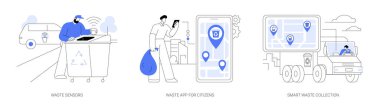 Akıllı atık yönetim sistemi soyut konsept vektör illüstrasyon seti. Çöp kutuları için sensör, çöp geri dönüşümü için akıllı telefon uygulaması, tablet soyut metaforlu çöp kamyonu sürücüsü.