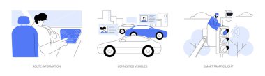 Akıllı şehir ulaşımı soyut konsept vektör çizimi seti. Araba sürücüsü gerçek zamanlı rota bilgisi, çevrimiçi servis, bağlı araç teknolojisi, akıllı trafik ışığı metaforu alır.