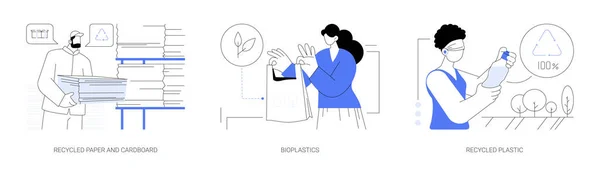持続可能なパッケージ抽象概念ベクトルイラストセット 再生紙と段ボール バイオプラスチックバッグ 再生プラスチック 生分解性材料 エコロジーケア 地球保存抽象的なメタファー — ストックベクタ