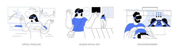 虚拟现实和闲暇时间抽象概念矢量图集 虚拟旅行 博物馆虚拟参观 娱乐中的Vr 现代技术 游戏中的Vr眼镜抽象隐喻 — 图库矢量图片