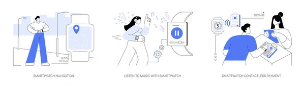 Smartwatch使用抽象概念向量图集 内置Gps 导航应用程序 人听音乐 带无线连接的小玩意 用观看抽象比喻支付非接触式费用 — 图库矢量图片