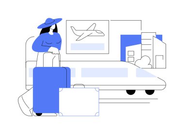 Havaalanı aktarımı soyut konsept vektör çizimi. Bavullu bir kız, havaalanı transferini bekliyor, şehir treni ulaşımı, toplu taşıma hizmeti soyut metafor.