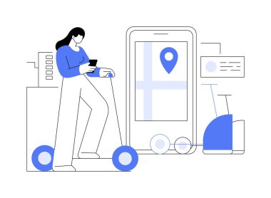 Scooter soyut konsept vektör illüstrasyonu kirala. Akıllı telefonu olan bir kadın elektrikli scooter, şehir ulaşımı, akıllı şehir aracı ve yaşam tarzı, açık hava aktivitesi soyut metaforu.