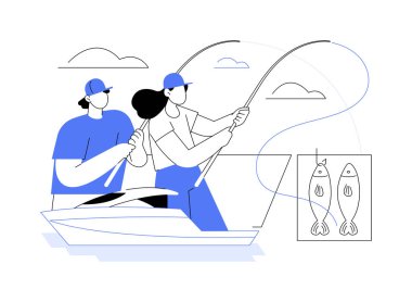 Balık yatı soyut konsept vektör çizimi. Kişisel bir yatta balık tutan adam, yelkencilik aktivitesi, tekne hafta sonu, su taşımacılığı, yaz tatili, lüks kruvazör soyut metaforu..