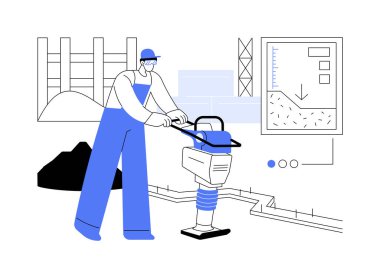 Toprak sıkıştırması soyut konsept vektör çizimi. Toprak sıkıştırma makinesiyle müteahhit, toprak karıştırıcılar, ev yapımı, yerleşim alanı inşaatı, kazı çalışmaları soyut metaforlar..