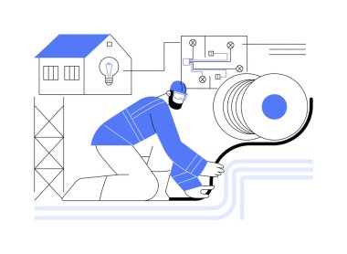 Elektrik kablolarının soyut konsept vektör çizimi. Mühendisler konut alanı inşaatı, özel ev inşaatı, kazı çalışmaları sırasında elektrik kabloları döşüyorlar..