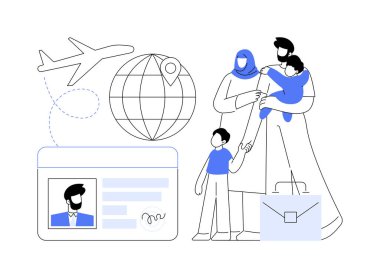 Göçmenlik kavramı soyut vektör çizimi. Uluslararası insan dolaşımı, oturma izni, çalışma vizesi, uçuş kontrolü, imza belgeleri, pasaport, yeşil kart soyut metaforu.