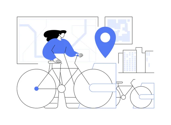 自転車の抽象的なコンセプトベクトルイラストを返します 女性は駅へのレンタル自転車を返します 車両共有サービス 都市交通 現代公共交通機関の抽象的なメタファー — ストックベクタ