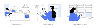 IoT ev teknolojisi soyut konsept vektör çizimi seti. Akıllı ev aletleri, ısı sensörlü termostat, akıllı pencere kaplamaları, soyut jaluziler..