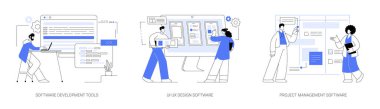 IT yazılımı soyut konsept vektör çizimi seti. Yazılım geliştirme araçları, programlama ve kodlama, UI UX tasarım oluşturma, zaman çizgisi soyut metaforu üzerinde çalışan profesyonel proje yöneticisi.
