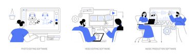 Yaratıcılar için profesyonel yazılım soyut konsept vektör illüstrasyon seti. Fotoğrafçı fotoğraf düzenleme bilgisayarda, video post-prodüksiyon, film yapma ekibi, müzik oluşturma süreci soyut metafor.