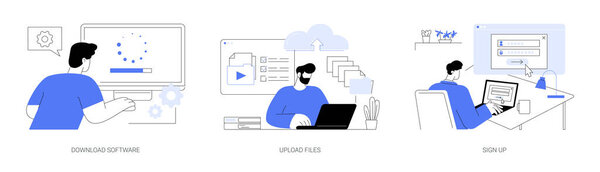 Working on computer abstract concept vector illustration set. Man download professional software on laptop, uploading documents, file management, sign up online, register on website abstract metaphor.