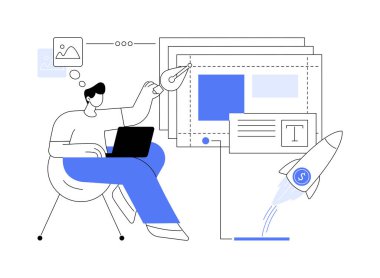 Tasarım bölümü soyut konsept vektör çizimi. Grafik tasarımcısı yeni başlangıç, dijital pazarlama, reklam ajansı için logo oluşturuyor, yeni marka soyut metafor geliştiriyor.