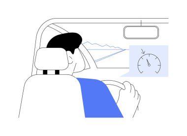 Seyahat kontrolü soyut konsept vektör çizimi. Araba süren ve seyir kontrolünü başlatan adam, kişisel ulaşım, otoyolda yolculuk, ısı sistemi, motorlu taşıt soyut metaforu..
