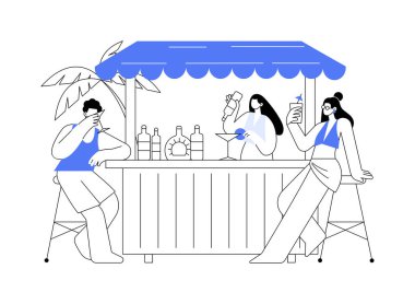 Plaj barı soyut konsept vektör çizimi. Plaj kulübü servisi, tropikal kokteyl tarifi, açık bar, deniz kenarı restoranı, yiyecek ve içecek, sağlıklı atıştırmalık, yazlık soyut metafor..