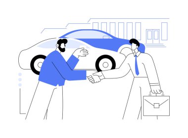 Bayilik bayiliği soyut konsept vektör çizimi. Üreticilerden, bayilikten, dağıtım şirketinden, soyut metafordan yeni araba alan bir müşteriyle otomobil satıcısı.