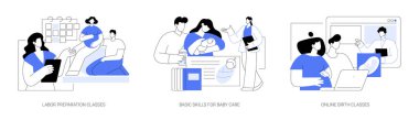 Hamilelik özel sınıfları soyut konsept vektör illüstrasyon seti. İşçi hazırlık dersleri, bebek bakımı için temel beceriler, çevrimiçi doğum ve ebeveynlik dersleri, soyut metafor eğitimi.
