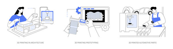 3D printing in business abstract concept vector illustration set. Architecture model, three-dimensional project presentation, prototyping in engineering, printed automotive parts abstract metaphor.
