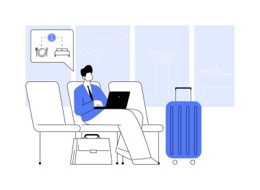 Seyahat ve harcama masrafları soyut konsept vektör çizimi. Şirket çalışanı iş gezisine gidiyor, harcama giderleri, şirket kültürü, şirket kuralları soyut metafor.