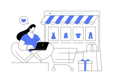 Soyut konsept vektör çizimi yapıyoruz. Ürünü çevrimiçi kontrol edin, Webrooming pratiği, dijital ürün araştırması, müşteri bilgisi, e-ticaret web sitesi, alışveriş davranışı soyut metafor.