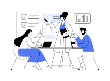 İş brifingi soyut konsept vektör çizimi. Takım çalışması görev tartışması, iş stratejisi iletişimi, toplantı, bölüm müdürü, finansal veri raporları soyut metafor.