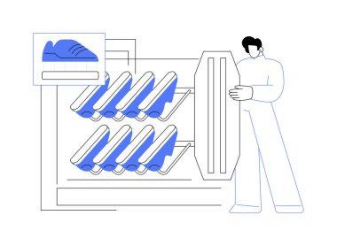 Soyut konsept vektör çizimi olan bir spor ayakkabısı monte etmek. Fabrika işçisi spor ayakkabılarını doğal lastik taban, ayakkabı imalatı, sıcak volkanik soyut metafor ile birleştirir..