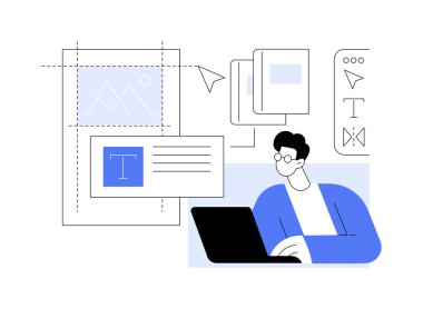 Kitap sayfası tasarımı ve soyut konsept vektör çizimi. Dizüstü bilgisayarlı tasarımcı kitap sayfası düzeni, dergi imalatı, hafif endüstri, modern mesleki metafor.