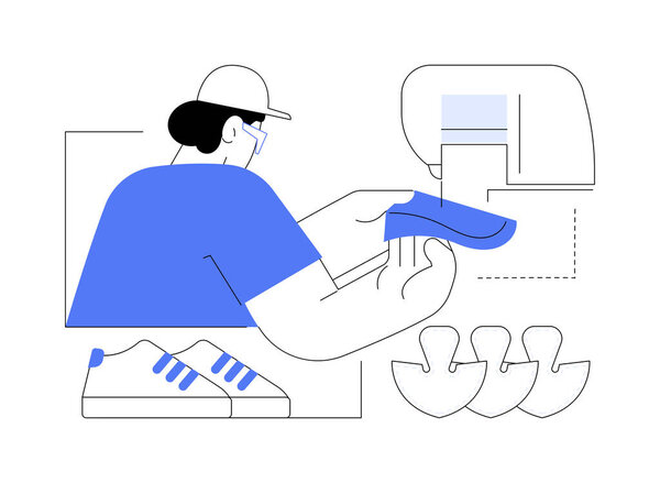 Sneakers sewing abstract concept vector illustration. Tailor manufacturing sneakers at factory, light industry, footwear production, shoes sewing, handmade sneakers abstract metaphor.