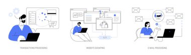 İş süreci otomasyon soyut konsept vektör illüstrasyon seti. Aktarım işleme, web sitesi kazıma, veri transferi, otomatik e-posta gönderme, makine öğrenme soyut metaforu.