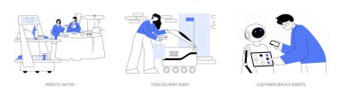 Servis robotları soyut konsept vektör çizimi seti. Lokantada servis sunan tepsilerle robot garson, yemek dağıtım robotu, otonom kurye, müşteri hizmetleri insansı makine soyut metaforu.