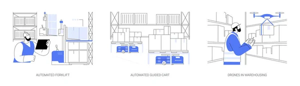 Zautomatyzowane Pojazdy Magazynie Abstrakcyjny Zestaw Ilustracji Wektor Koncepcji Robotnik Kontroluje — Wektor stockowy
