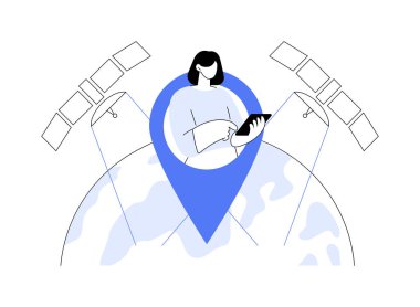 Küresel konumlandırma sistemi soyut konsept vektör çizimi. Uzay tabanlı radyo navigasyon sisteminin kullanımı, doğal bilim, GPS konumlandırma, iletişim uyduları soyut metafor.
