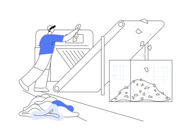 Kullanılmış tekstil parçalama soyut konsept vektör çizimi. Fabrika işçisi kullanılmış tekstil öğütme işlemleri ile ilgilenirken otomasyon makinesi, hafif sanayi, fiberler soyut metaforu geri dönüştürüyor.