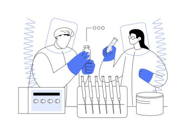 Soyut bir konsept vektör illüstrasyonunda virüsleri inceleyin. Koruyucu ekipman kullanan bilim adamları virüsleri, tıbbi araştırmaları, mikrobiyoloji sektörünü, salgın önleme metaforunu,.