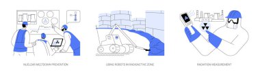 Radyoaktif sızıntı soyut konsept vektör çizimi seti. Nükleer erime önleme, radyoaktif bölgede robotlar kullanmak, radyasyon seviyesi ölçümü, ekosistem kirliliği soyut metaforu.