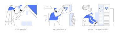 Telekomünikasyon servisi soyut konsept vektör çizimi seti. Teknisyen uydu internet anteni, halka açık WI-FI yardım noktası, yerel alan ağ mühendisi, LAN bağlantısı soyut metaforu kurar.