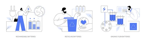 可持续电池抽象概念矢量图集 环保充电电池 回收箱 有机流动能源 电源适配器 可持续能源抽象比喻 — 图库矢量图片