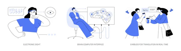 人間の能力を拡張抽象的な概念ベクトルイラストセット 視力の悪い人のためのスマートグラス 脳のコンピュータインターフェースシステム リアルタイム翻訳のためのイヤホン抽象的なメタファー — ストックベクタ