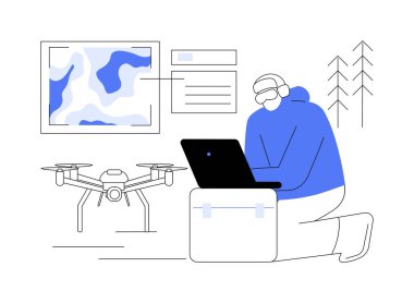 Uzaktan algılama dronları soyut konsept vektör illüstrasyonunu kullan. Uzaktan algılama araçlarını kullanarak ölçümler, toprak araştırmaları, doğa bilimi, hava teknolojisi soyut metaforu yapan bilim insanları..