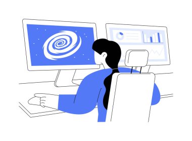 Astronomik veri soyut konsept vektör illüstrasyonunu analiz et. Ofiste matematiksel hesaplamalar yapan astrofizikçi, uzay bilimi, astronomik veri görselleştirme soyut metafor çalışmaları.