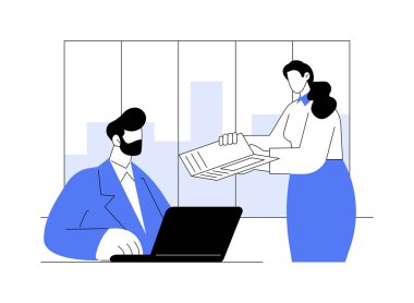 Genel Sekreter soyut konsept vektör çizimi. Sekreter patrona belgeleri, iş endüstrisini, kurumsal yapıyı, şirket departmanlarını, şirket hiyerarşisi soyut metaforunu gösteriyor..