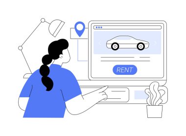 Araba kiralamak soyut konsept vektör çizimi. Çevrimiçi araba rezervasyonu yapan kadın dizüstü bilgisayar kullanıyor, ticari şehir ulaşımını kiralıyor, şehir içi araç paylaşım servisi soyut metafor kullanıyor.
